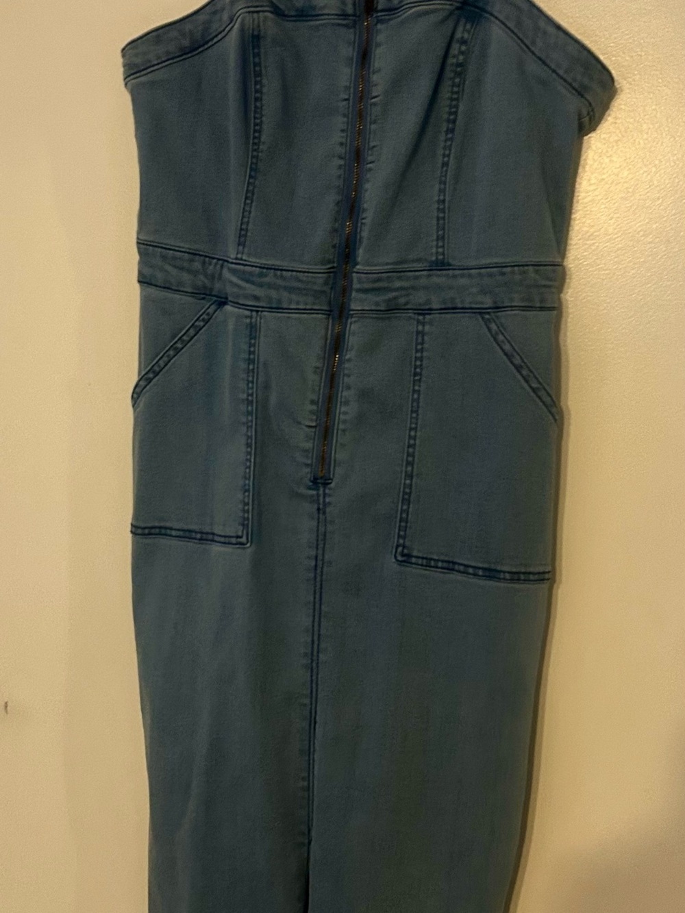 New York & Company Strapless Denim Midi Dress in Blue Wash
